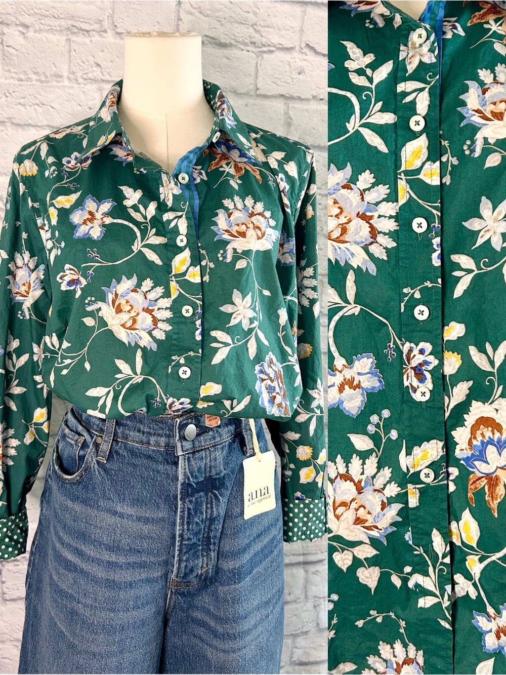 Talbots Fall Blouse 100% Cotton Floral Button Down Shirt Green Blue Academia Twe